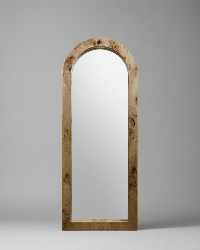 Arched Burl Wood Floor Mirror