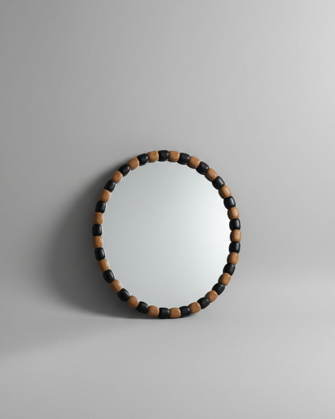 Round Teak Black Wall Mirror